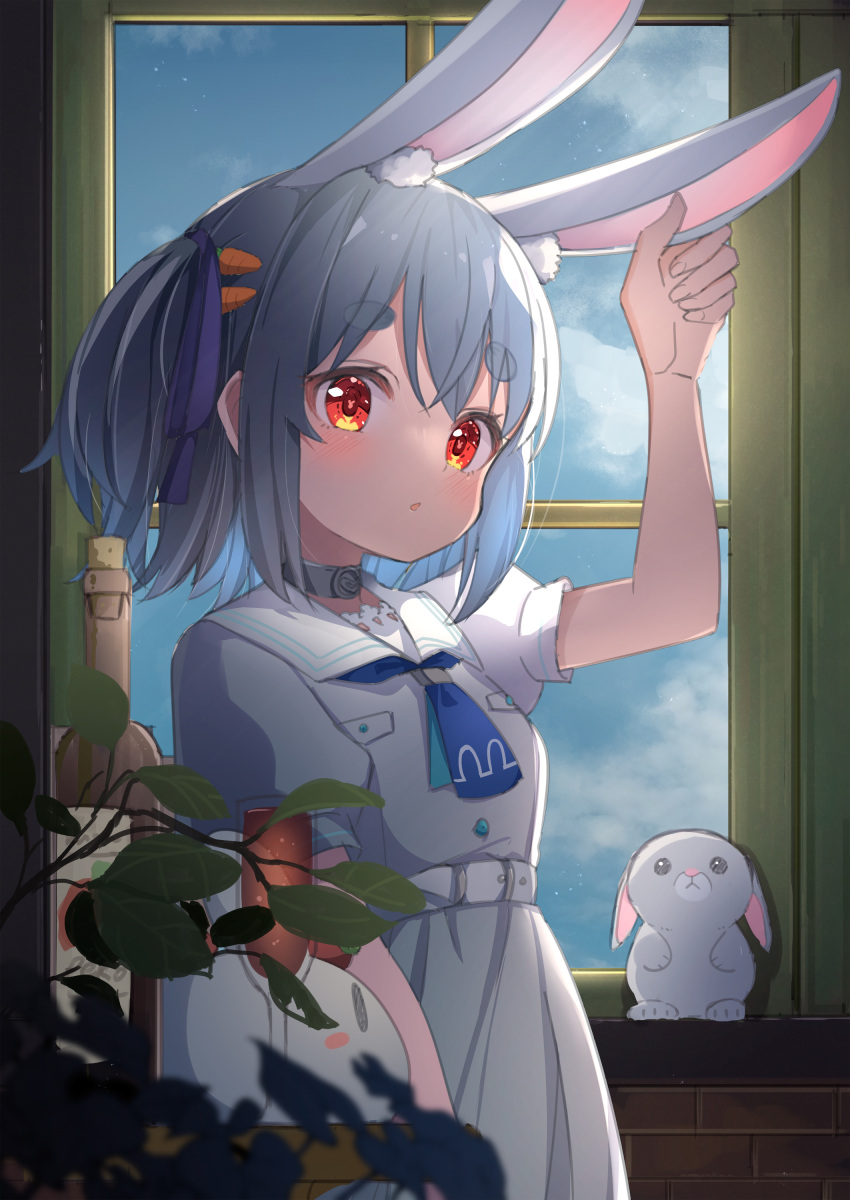 1girl absurdres ame. animal_ear_fluff animal_ears arm_up bangs blue_hair blue_ribbon blue_sky blush bottle bunny-shaped_pupils carrot_hair_ornament clouds commentary_request day dress eyebrows_visible_through_hair food-themed_hair_ornament hair_ornament hair_ribbon hand_on_ear highres hololive indoors looking_at_viewer parted_lips puffy_short_sleeves puffy_sleeves rabbit_ears red_eyes ribbon short_eyebrows short_sleeves sky solo stuffed_animal stuffed_bunny stuffed_toy symbol-shaped_pupils thick_eyebrows two_side_up usada_pekora virtual_youtuber white_dress window