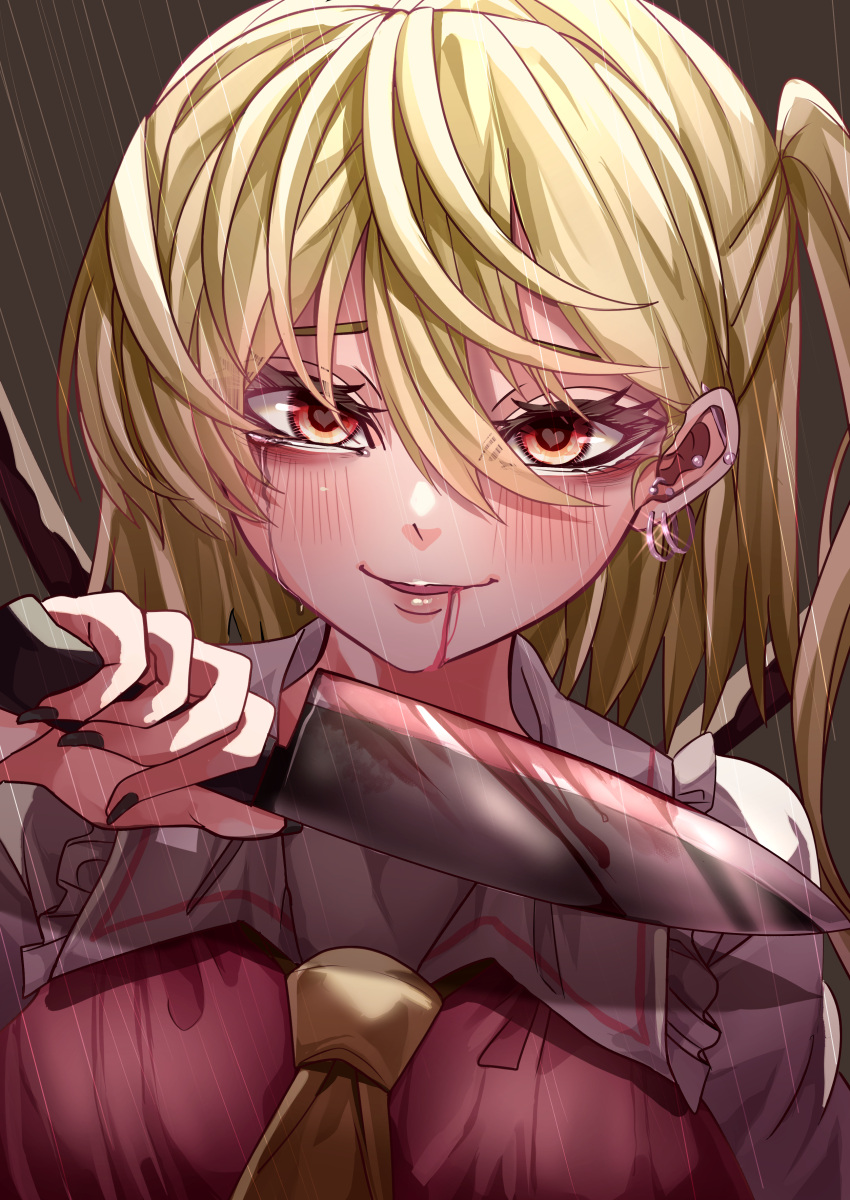 1girl absurdres ascot bags_under_eyes black_nails blonde_hair blood blood_from_mouth blood_on_knife blush collared_shirt commentary_request crying crying_with_eyes_open drooling_blood ear_piercing earrings eyebrows eyebrows_behind_hair eyelashes fingernails flandre_scarlet frilled_shirt_collar frills hair_between_eyes heart heart-shaped_pupils highres jewelry knife lips looking_at_viewer maboroshi_mochi medium_hair nail_polish no_hat no_headwear one_side_up piercing rain red_eyes red_vest shirt smile solo symbol-shaped_pupils tears touhou upper_body vest white_shirt wings yellow_ascot