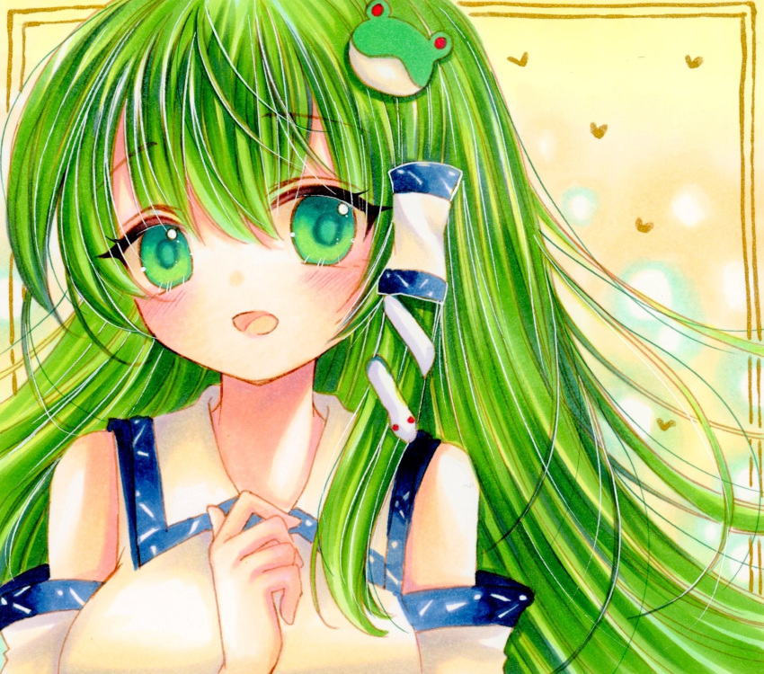 1girl bangs bare_shoulders blush breasts commentary_request danmaku detached_sleeves eyebrows_visible_through_hair eyes_visible_through_hair framed_image frog_hair_ornament gradient gradient_background green_eyes green_hair hair_between_eyes hair_ornament hair_tubes hand_up heart highres kochiya_sanae large_breasts long_hair long_sleeves looking_at_viewer marker_(medium) open_mouth shirt smile snake_hair_ornament solo tongue touhou traditional_media white_shirt wide_sleeves yellow_background yuuki_hana_(jtnp5334)