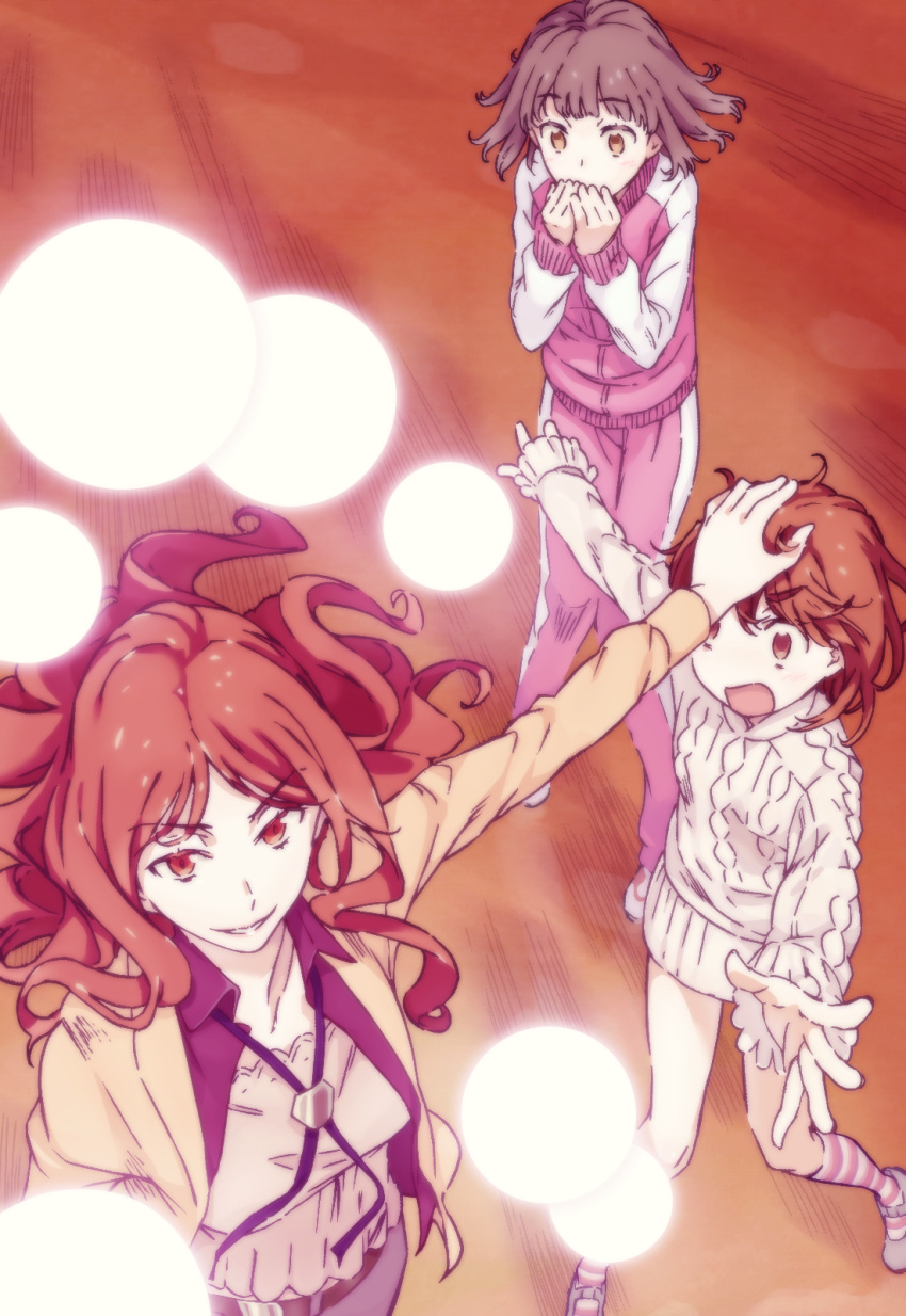 3girls action attack blush breasts brown_eyes brown_hair colorized commentary covering_mouth energy energy_ball esper eyebrows_visible_through_hair fantasy feet_out_of_frame from_above full_body gazing_eye glowing haimura_kiyotaka hands_up height_difference highres indoors kinuhata_saiai kneehighs large_breasts light_blush long_hair long_sleeves looking_at_another looking_away medium_hair mugino_shizuri multiple_girls novel_illustration official_art open_mouth outstretched_arm outstretched_arms pants pink_pants psychic science_fiction shiny shiny_hair smile socks spoilers sweater takitsubo_rikou teeth thighs toaru_majutsu_no_index toaru_majutsu_no_index:_new_testament v-shaped_eyebrows white_footwear white_sleeves