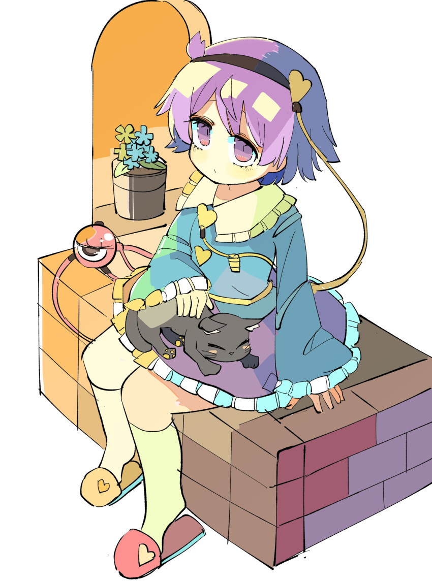 1girl absurdres animal_on_lap baron_(x5qgeh) black_cat black_hairband blouse blue_flower blue_shirt blush buttons cat cat_on_lap closed_mouth collarbone eyebrows_behind_hair flower flower_pot frilled_shirt_collar frilled_skirt frilled_sleeves frills full_body hair_ornament hairband heart heart_button heart_hair_ornament highres komeiji_satori long_sleeves looking_at_viewer looking_up on_lap petting pink_footwear purple_hair purple_skirt shirt short_hair sitting skirt slippers socks solo symbol-only_commentary third_eye touhou violet_eyes white_legwear wide_sleeves