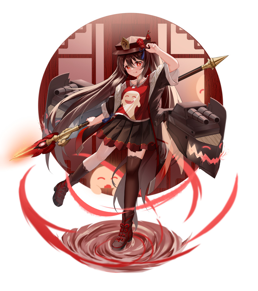 1girl absurdres black_headwear black_legwear black_skirt brown_hair closed_eyes frilled_skirt frills full_body genshin_impact ghost hand_on_headwear highres holding holding_weapon hu_tao_(genshin_impact) open_mouth polearm red_eyes red_shirt shirt simple_background skirt skym_(kumei) smile symbol-shaped_pupils t-shirt thigh-highs twintails weapon white_background
