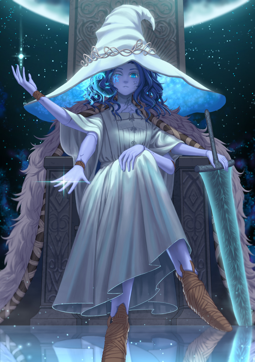 1girl absurdres blue_eyes blue_hair blue_skin cloak colored_skin cracked_skin dark_moon_greatsword doll_joints dress elden_ring extra_arms extra_faces fur_cloak glasswing hat highres jewelry joints moon night night_sky ranni_the_witch ring sky star_(sky) throne wedding_ring white_dress witch_hat