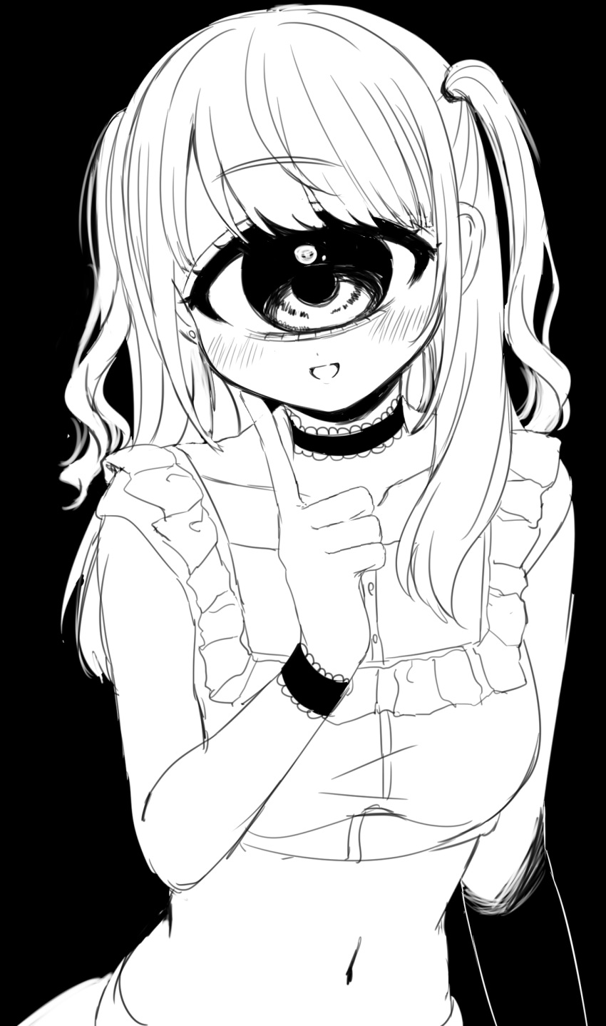 1girl :d bangs blush choker collarbone crop_top cyclops elbow_gloves eyebrows_visible_through_hair frills gloves grey_hair hair_over_shoulder highres index_finger_raised lace_trim long_hair looking_at_viewer midriff mntimccz monochrome monster_girl navel one-eyed original single_glove sketch smile solo swept_bangs twintails wristband