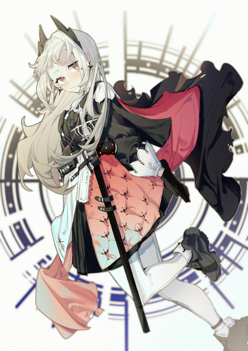 1girl ankle_boots arknights belt black_cape black_footwear black_gloves black_jacket blush boots cape chinese_commentary closed_mouth commentary_request dutch_angle earrings gloves grey_eyes grey_hair gun head_wings high-waist_skirt highres irene_(arknights) jacket jewelry jiuming layered_skirt leg_up long_hair long_sleeves looking_at_viewer pantyhose pink_skirt scar scar_across_eye scar_on_face sheath sheathed skirt solo standing standing_on_one_leg sword torn_cape torn_clothes weapon white_background white_legwear white_skirt
