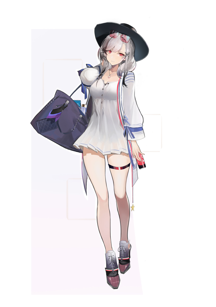 1girl absurdres azur_lane bag black_footwear breasts butterfly_hair_ornament dress dunkerque_(afternoon_venus)_(azur_lane) dunkerque_(azur_lane) english_commentary eyewear_on_head french_flag full_body grey_hair hair_ornament high_heels highres holding holding_bag jacket light_smile long_hair looking_at_viewer medium_breasts official_alternate_costume open_clothes open_jacket pink-tinted_eyewear purple_bag red_eyes sar_(4993) short_dress simple_background solo thigh_strap tinted_eyewear white_background white_dress white_jacket