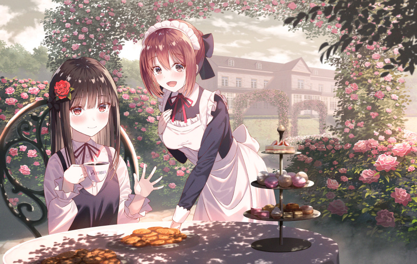 2girls apron bangs black_bow black_hair black_vest blush bow breasts brown_eyes brown_hair cake collared_shirt cookie cup flower food frilled_apron frills hair_bow hair_flower hair_ornament highres koh_rd long_bangs long_sleeves maid maid_apron maid_headdress medium_breasts multiple_girls neck_ribbon original outdoors red_eyes red_flower red_ribbon ribbon shirt sitting small_breasts smile teacup vest white_shirt