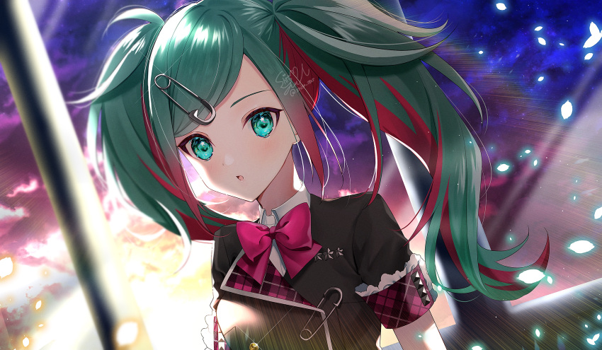 1girl absurdres aqua_eyes bangs black_jacket bow bowtie collared_shirt dutch_angle green_hair hair_ornament hairclip hatsune_miku highres jacket leo/need_(project_sekai) long_hair multicolored_hair open_mouth project_sekai red_bow red_bowtie redhead safety_pin shirt short_sleeves solo sparkle swept_bangs twintails twitter_username two-tone_hair upper_body watermark white_shirt wing_collar yuuyu_(moco20111115)