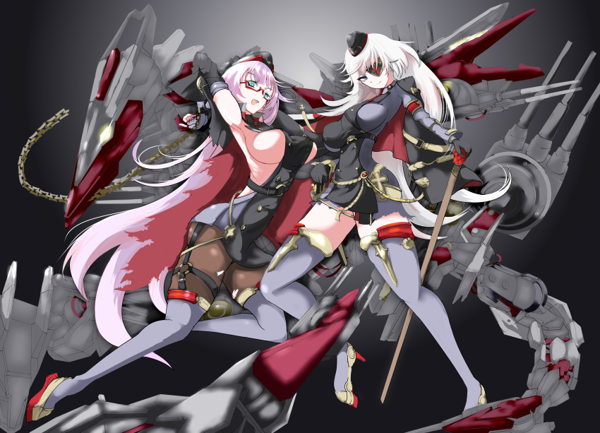 2girls absurdres armpits artillery azur_lane black_background black_gloves black_headwear blue_eyes boots breasts brown_legwear buttons double-breasted dress elbow_gloves eyepatch fingerless_gloves fingernails full_body gloves gneisenau_(azur_lane) gneisenau_(meta)_(azur_lane) gradient gradient_background grey_background hat high_heels highres large_breasts long_hair looking_at_viewer machinery mechanical_animal medium_breasts microdress multiple_girls nail_polish one_eye_covered pantyhose presenting_armpit purple_footwear red_nails rigging sansei scharnhorst_(azur_lane) scharnhorst_(meta)_(azur_lane) sharp_fingernails sideboob simple_background standing thigh-highs thigh_boots turret very_long_hair weapon white_hair