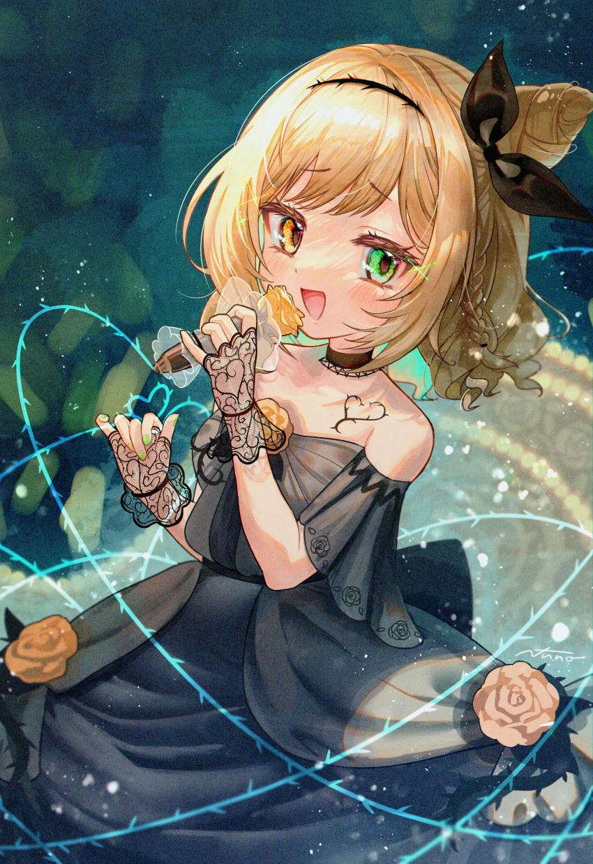 1girl :d absurdres bare_shoulders blonde_hair braid choker dress fingerless_gloves fishnet_gloves fishnets flat_chest flower french_braid gloves green_eyes hair_bun heterochromia highres ibara_muan indie_virtual_youtuber medium_hair microphone plant rose smile solo thorns vines virtual_youtuber yellow_eyes yukinuno