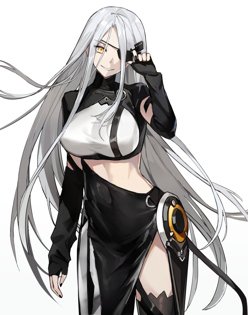 1girl alchemist_(girls'_frontline) arm_at_side bangs black_dress black_gloves black_legwear black_nails breasts cowboy_shot dress elbow_gloves eyepatch fingerless_gloves girls_frontline gloves grey_hair hair_ornament highres kuza_brs large_breasts long_hair looking_at_viewer nail_polish parted_lips simple_background smile solo standing thigh-highs very_long_hair white_background yellow_eyes