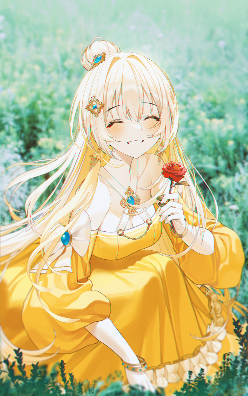 1girl bangs belle_(grimlight) blonde_hair closed_eyes commentary dress earrings english_commentary facing_viewer flower grimlight hair_bun hair_ornament highres holding holding_flower jewelry kinty light_blush long_hair open_mouth photo_background red_flower sitting smile solo yellow_dress