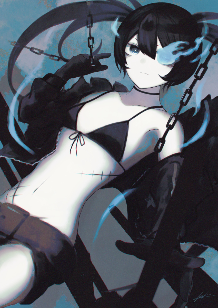 1girl absurdres bangs belt belt_buckle bikini bikini_top_only black_belt black_bikini black_coat black_gloves black_hair black_ribbon black_rock_shooter black_rock_shooter_(character) black_shorts blue_background buckle chain closed_mouth coat collarbone flaming_eye flat_chest floating_hair front-tie_bikini front-tie_top gloves grey_eyes groin hair_between_eyes highres long_hair midriff navel open_clothes open_coat ribbon scar short_shorts shorts signature solo stomach sutorobo72 swimsuit twintails