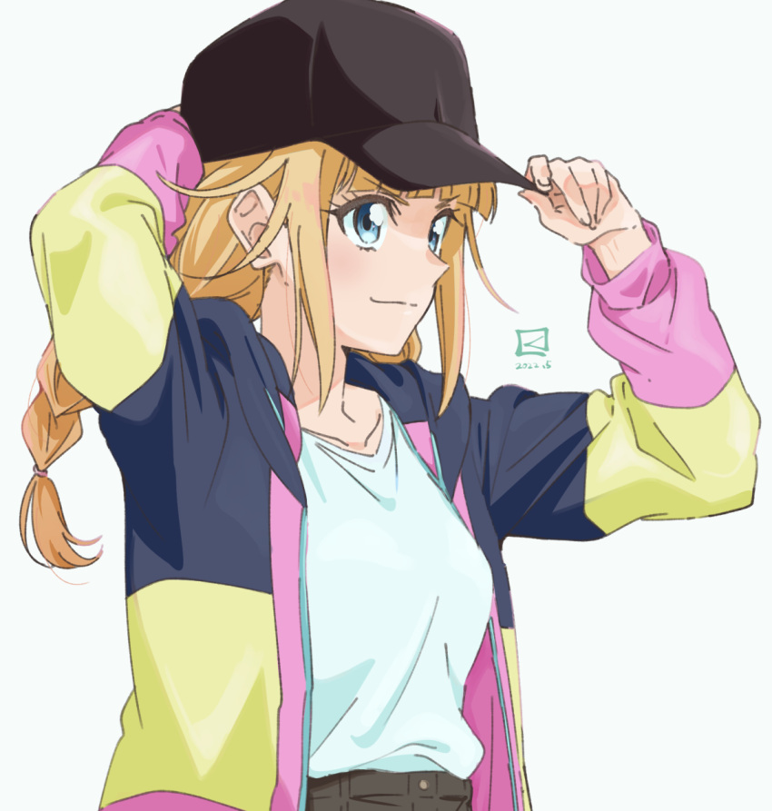 1girl bangs baseball_cap black_headwear black_shorts blonde_hair blue_eyes blunt_bangs braid hand_on_headwear hat highres jacket looking_away miyahara_takuya multicolored_clothes multicolored_jacket paripi_koumei shirt shirt_tucked_in shorts solo tsukimi_eiko twin_braids twintails upper_body white_shirt