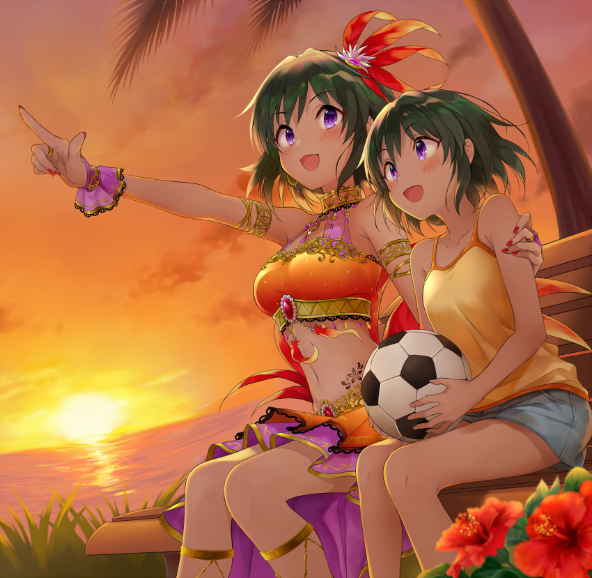 2girls :d armlet ball bangs bench blue_shorts blush clouds collarbone crop_top dutch_angle eyebrows_visible_through_hair feather_hair_ornament feathers flower green_hair hair_between_eyes hair_ornament hibiscus highres holding holding_ball idolmaster idolmaster_cinderella_girls index_finger_raised layered_skirt midriff multiple_girls nail_polish natalia_(idolmaster) navel ocean open_mouth orange_skirt orange_sky palm_tree pink_skirt pleated_skirt pointing q-v_(levia) red_feathers red_flower red_nails shirt short_hair short_shorts shorts sitting skirt sky sleeveless sleeveless_shirt smile soccer_ball stomach sunset tree violet_eyes yellow_shirt