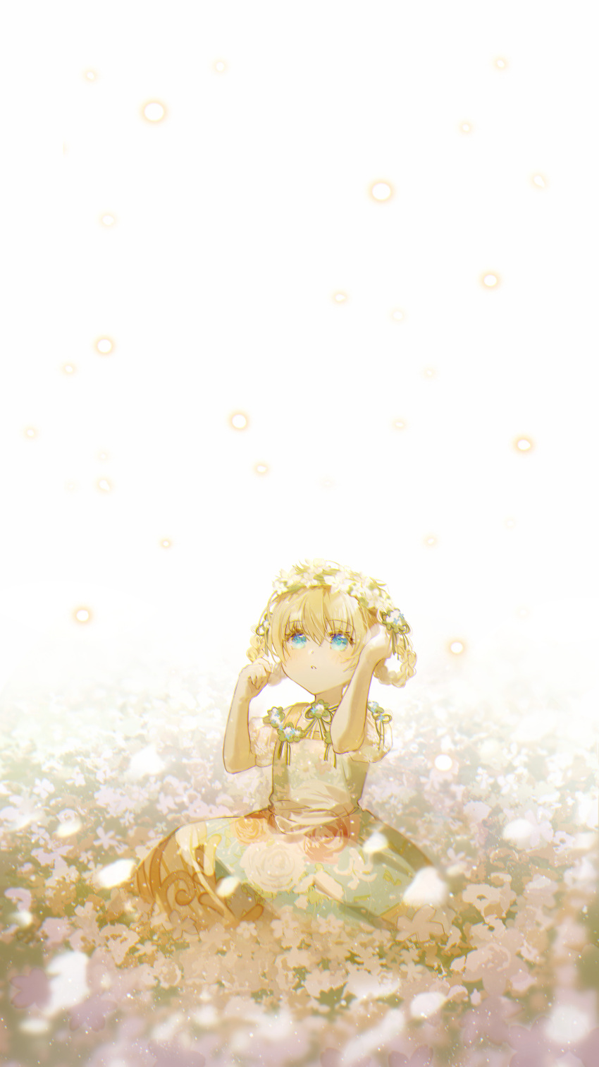 1girl absurdres aruhi_ohimesama_ni_natteshimatta_ken_ni_tsuite athanasia_de_alger_obelia bangs bare_arms blonde_hair blue_eyes blurry braid child day depth_of_field dress field floral_print flower flower_field flower_wreath hair_rings hands_up head_wreath highres light_particles looking_away looking_up nature off-shoulder_dress off_shoulder petals puffy_short_sleeves puffy_sleeves short_sleeves sitting solo twin_braids white_background white_flower xuanqing0726