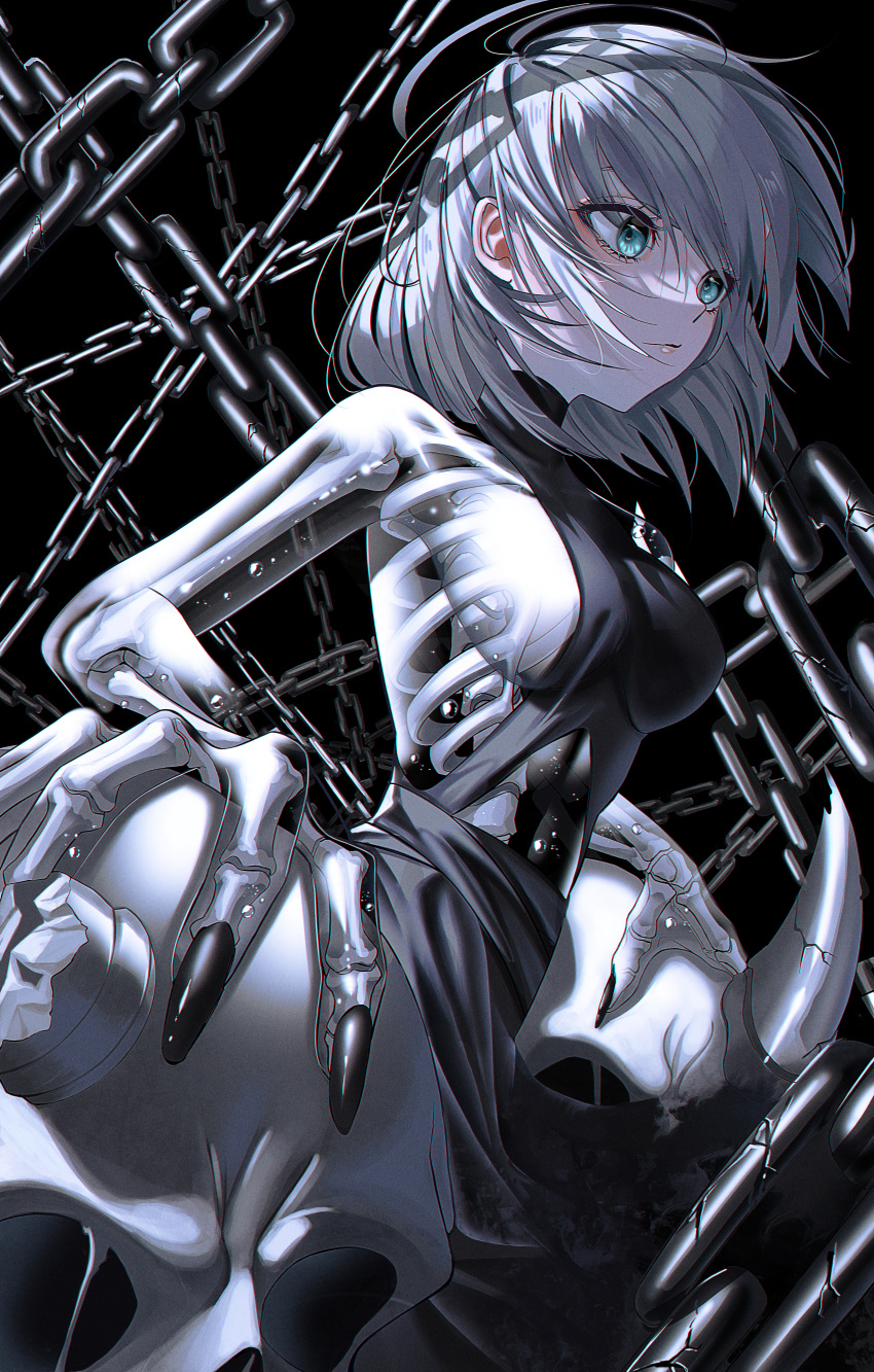 1girl absurdres bangs black_skirt blue_eyes breasts bubble chain chromatic_aberration claws closed_mouth commentary crack english_commentary eyebrows_behind_hair grey_hair highres lips liquid medium_breasts noubin original shadow short_hair skeleton skirt skull solo tagme transparent turtleneck
