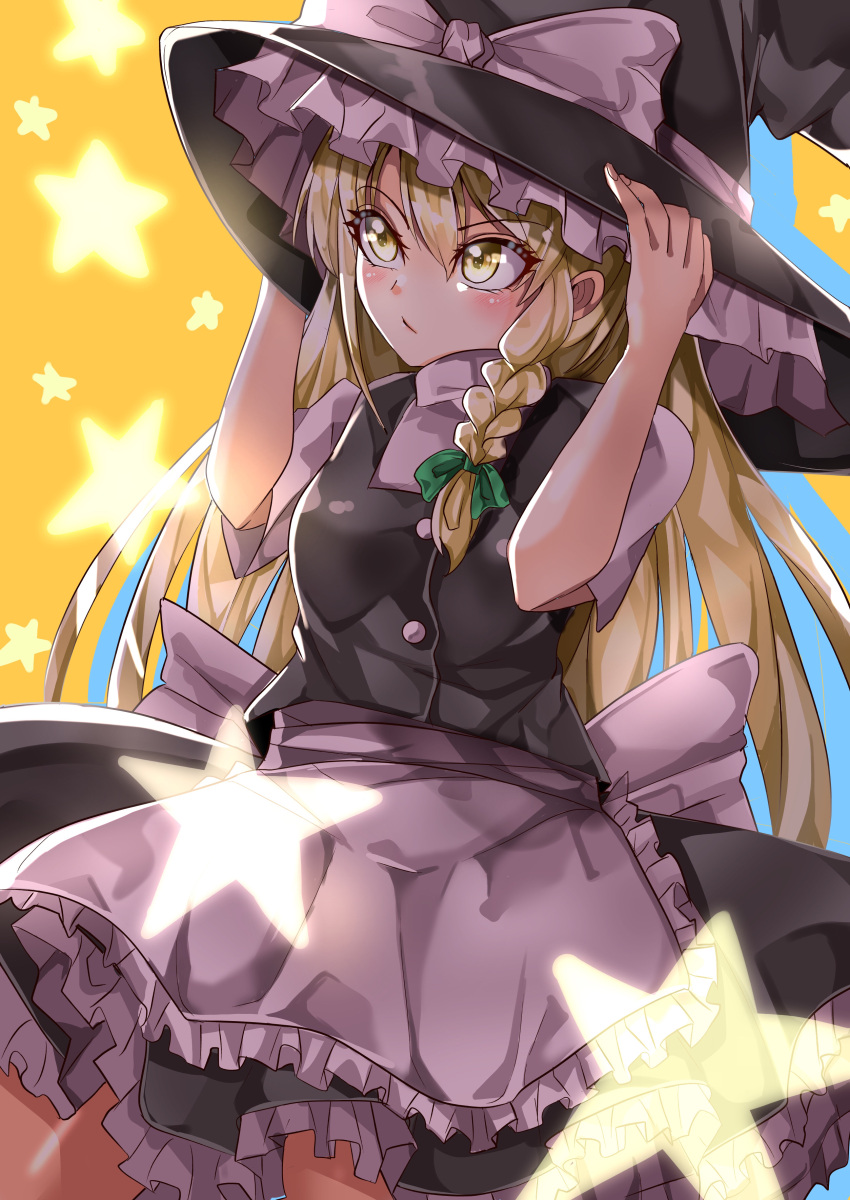 1girl absurdres apron back_bow black_headwear black_skirt black_vest blonde_hair bow braid breasts closed_mouth commentary_request cowboy_shot eyebrows_visible_through_hair frilled_apron frilled_skirt frills hair_between_eyes hands_on_headwear hat highres kirisame_marisa large_hat long_hair maboroshi_mochi shirt short_sleeves single_braid skirt skirt_set small_breasts solo star_(symbol) touhou very_long_hair vest waist_apron white_apron white_bow white_shirt witch_hat yellow_background yellow_eyes