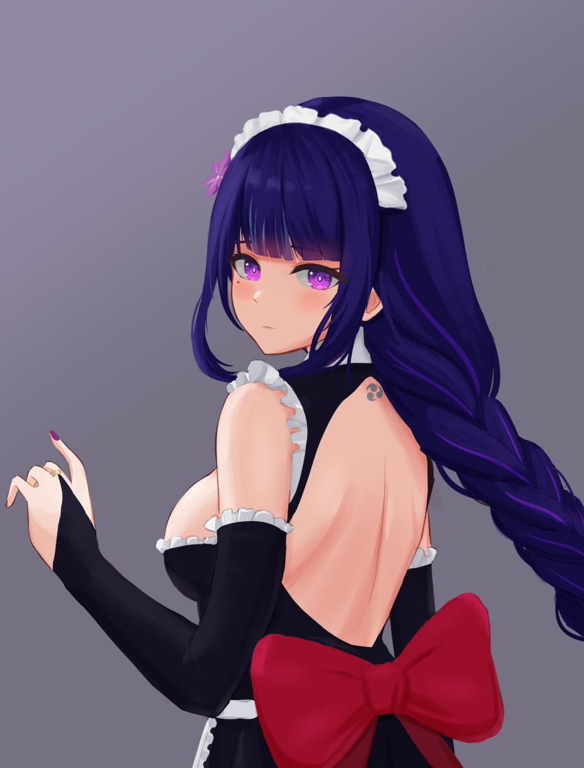 1girl absurdres back back_cutout bangs black_gloves blunt_bangs blush bow braid braided_ponytail breasts clothing_cutout elbow_gloves fingerless_gloves flower genshin_impact gloves hair_flower hair_ornament highres long_hair looking_at_viewer looking_back maid maid_headdress medium_breasts mole mole_under_eye nail_polish purple_hair raiden_shogun red_bow solo taiko_bo upper_body violet_eyes