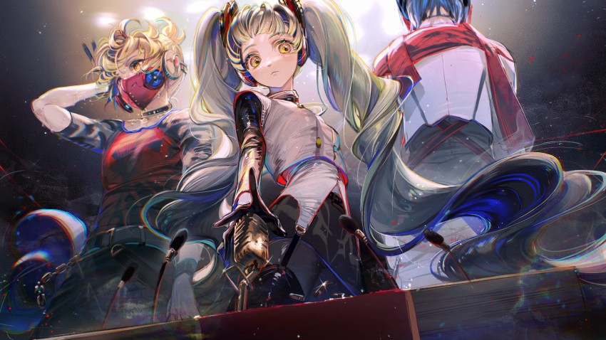 1girl 2boys :&lt; arm_up bangs black_collar black_gloves black_legwear black_pants black_shirt black_skirt blonde_hair blue_hair bullet buttons chain chromatic_aberration closed_mouth clothing_request collar commentary_request commentary_typo curly_hair english_commentary facing_away from_behind garter_belt glint gloves hatsune_miku headphones highres kagamine_len kaito_(vocaloid) long_hair long_sleeves looking_at_viewer mask messy_hair microphone microphone_stand mixed-language_commentary mouth_mask multicolored_shirt multiple_boys pants pencil_skirt red_mask red_scarf red_shirt rumoon scarf shiny shiny_clothes shirt short_hair skirt standing thigh-highs twintails unhappy_refrain_(vocaloid) vest vocaloid white_vest yellow_eyes