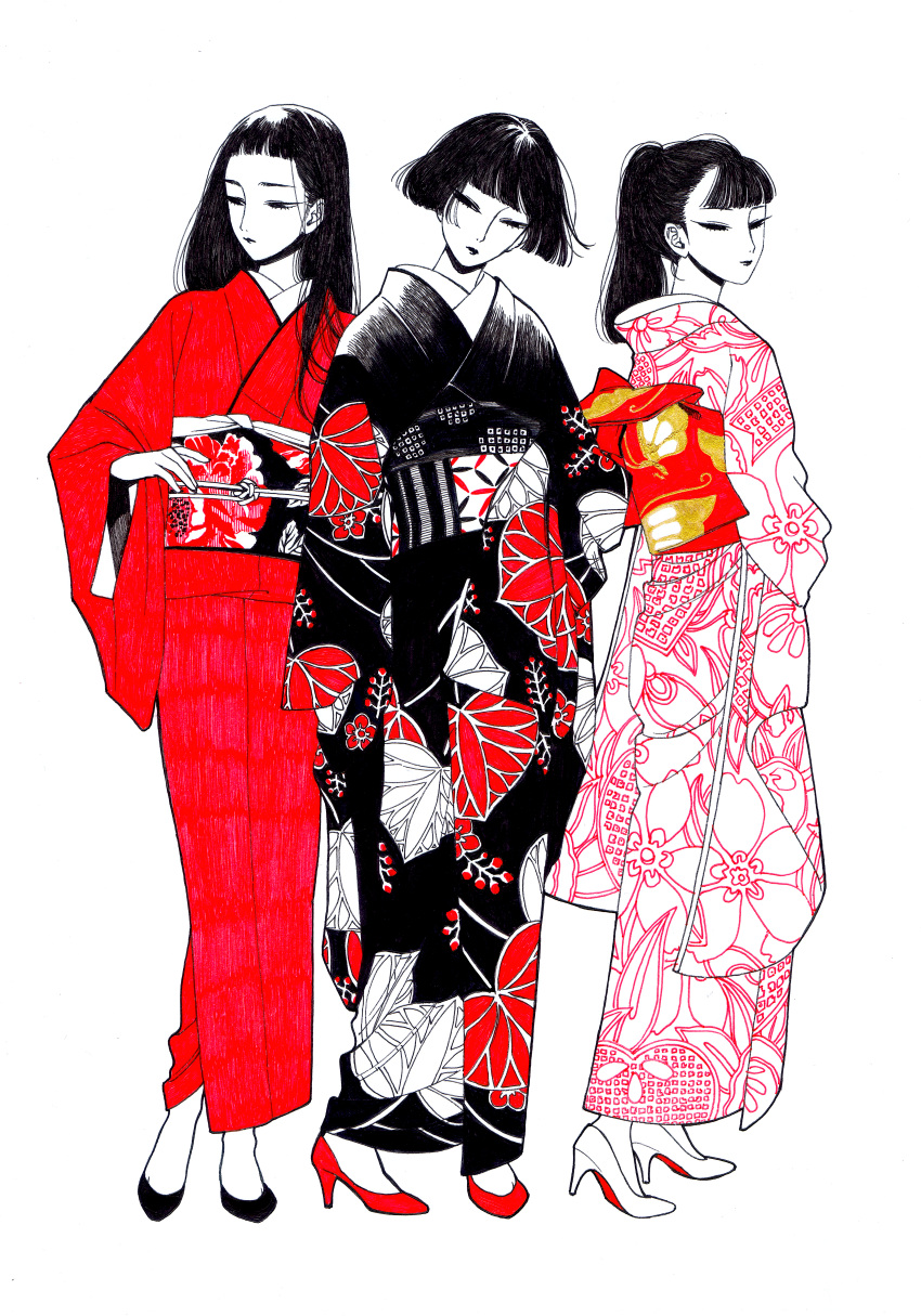 3girls absurdres ameishi ballpoint_pen_(medium) black_hair bob_cut floral_print high_heels highres japanese_clothes kimono long_hair multiple_girls obi original ponytail print_kimono pumps sash short_hair simple_background traditional_media white_background