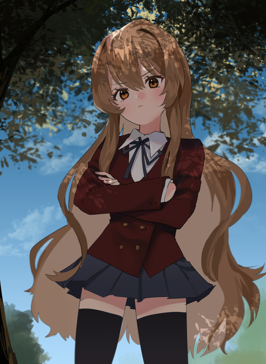 1girl absurdres aisaka_taiga bangs black_legwear black_ribbon blazer blue_skirt brown_eyes brown_hair buttons closed_mouth clouds collared_shirt commentary_request cowboy_shot crossed_arms dappled_sunlight day double-breasted eyebrows_visible_through_hair frown hair_between_eyes highres jacket light_blush long_hair long_sleeves looking_at_viewer neck_ribbon oohashi_high_school_uniform outdoors partial_commentary red_jacket ribbon school_uniform shirt skirt solo standing sunlight thigh-highs toradora! tree tree_shade very_long_hair xixi_(xxxxiixxxiixxxx) zettai_ryouiki