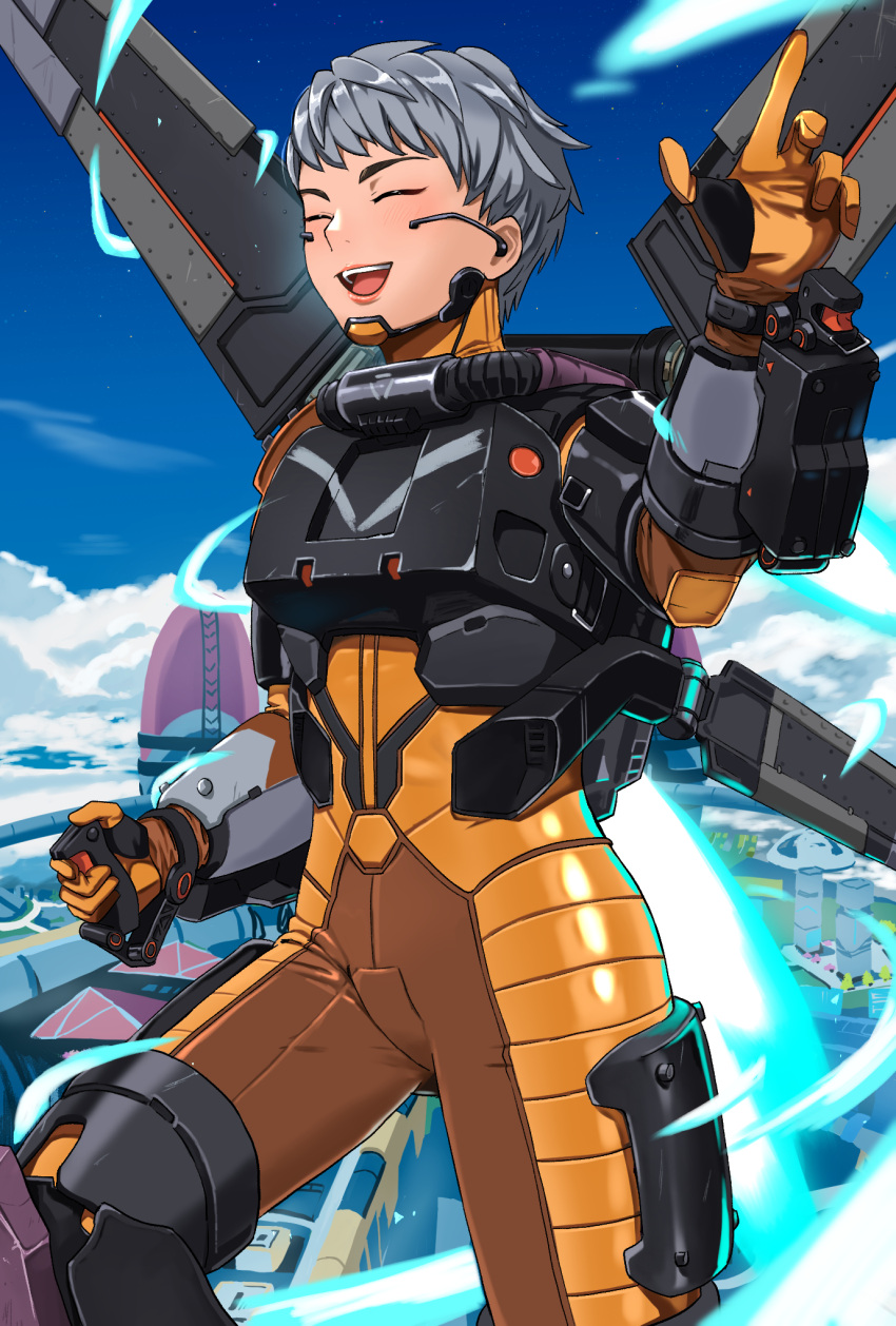 1girl ^_^ apex_legends apmix armor blush boots breastplate closed_eyes clouds flying gloves grey_hair highres in-universe_location jetpack metal_boots olympus_(apex_legends) orange_gloves short_hair sky smile solo thigh-highs thigh_boots valkyrie_(apex_legends)