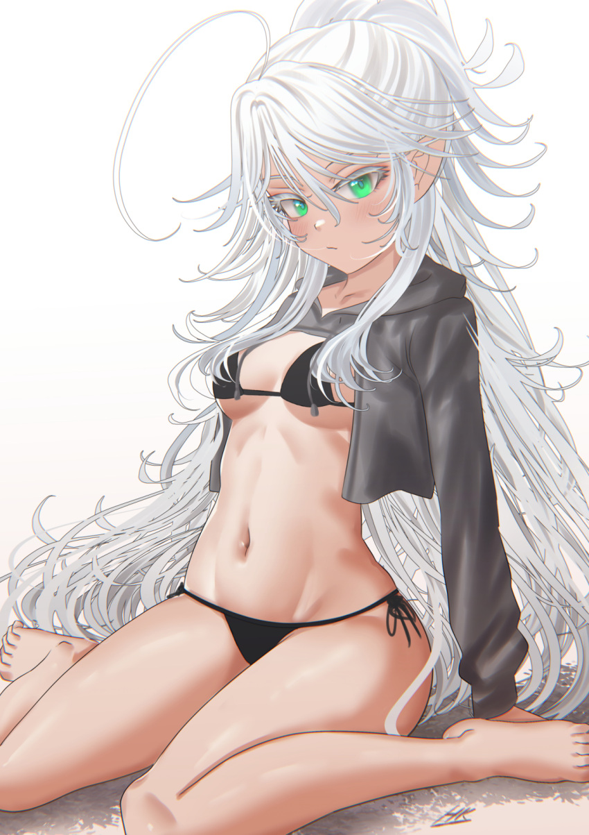 1girl ahoge bikini black_bikini blush breasts elf green_eyes highres jacket kein_hasegawa long_hair looking_at_viewer medium_breasts midriff navel original pointy_ears solo stomach swimsuit thighs under_boob very_long_hair white_hair