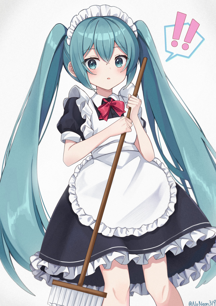 ! !! 1girl absurdres alternate_costume apron black_dress blush bow broom collared_dress commentary dress enmaided frilled_apron frilled_dress frills green_eyes green_hair grey_background hatsune_miku highres holding holding_broom long_hair looking_at_viewer maid maid_apron maid_headdress noneon319 parted_lips puffy_short_sleeves puffy_sleeves red_bow short_sleeves simple_background solo spoken_exclamation_mark twintails twitter_username very_long_hair vocaloid white_apron