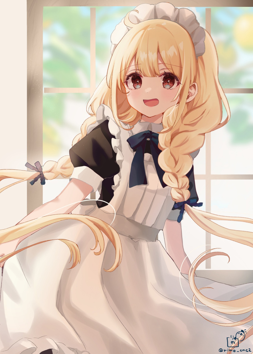 1girl :d alternate_costume apron bangs black_bow black_dress blonde_hair blurry blurry_background bow braid brown_eyes collared_dress commentary_request day depth_of_field dress enmaided eyebrows_visible_through_hair frilled_apron frills futaba_anzu hair_bow highres idolmaster idolmaster_cinderella_girls idolmaster_cinderella_girls_starlight_stage indoors long_hair looking_at_viewer low_twintails maid maid_apron maid_headdress puffy_short_sleeves puffy_sleeves rino_cnc short_sleeves smile solo twin_braids twintails twitter_username very_long_hair white_apron window