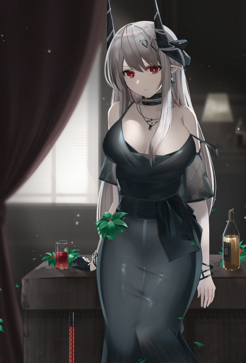 1girl arknights black_collar black_dress blitzkrieg_(index_unknown) bottle bracelet breasts breasts_apart collar curtains demon_horns dress feet_out_of_frame glass grey_hair hair_between_eyes hair_ornament highres horns indoors jewelry large_breasts long_hair looking_at_viewer mudrock_(arknights) mudrock_(obsidian)_(arknights) necklace official_alternate_costume plant pointy_ears red_eyes short_sleeves solo standing strap_slip symbol-only_commentary window