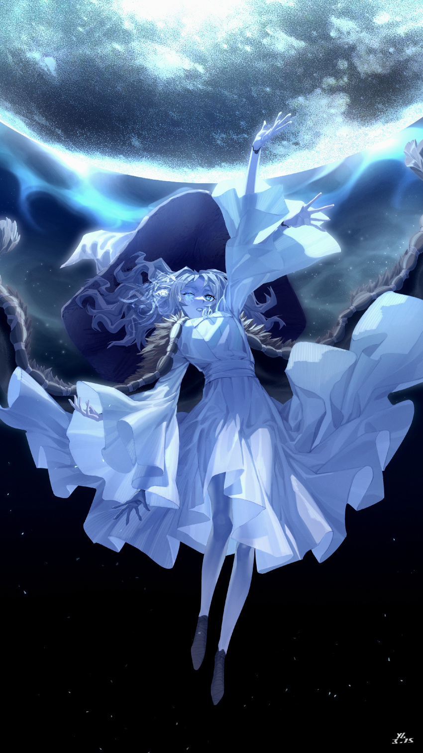 1girl absurdres blue_eyes blue_hair blue_skin cloak colored_skin dress elden_ring extra_arms extra_faces fur_cloak hat highres ihavetwoooo magic moon night night_sky ranni's_dark_moon ranni_the_witch sky special_moves white_dress witch_hat