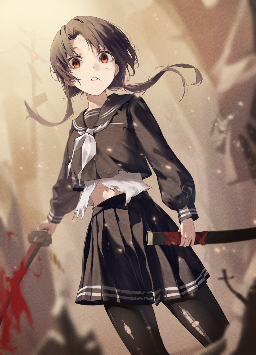 1girl absurdres bangs black_hair black_legwear black_sailor_collar black_serafuku black_skirt blood blood_on_weapon blurry blurry_background breasts commentary_request day highres holding holding_sheath holding_sword holding_weapon idol_heroes_(idolmaster) idolmaster idolmaster_million_live! katana long_hair long_sleeves looking_at_viewer low_twintails marrrrrr medium_breasts midriff_peek navel neckerchief pantyhose parted_lips pleated_skirt rubble sailor_collar school_uniform serafuku sheath shirt skirt solo sword takayama_sayoko torn_clothes torn_legwear twintails weapon white_neckerchief white_shirt yellow_eyes