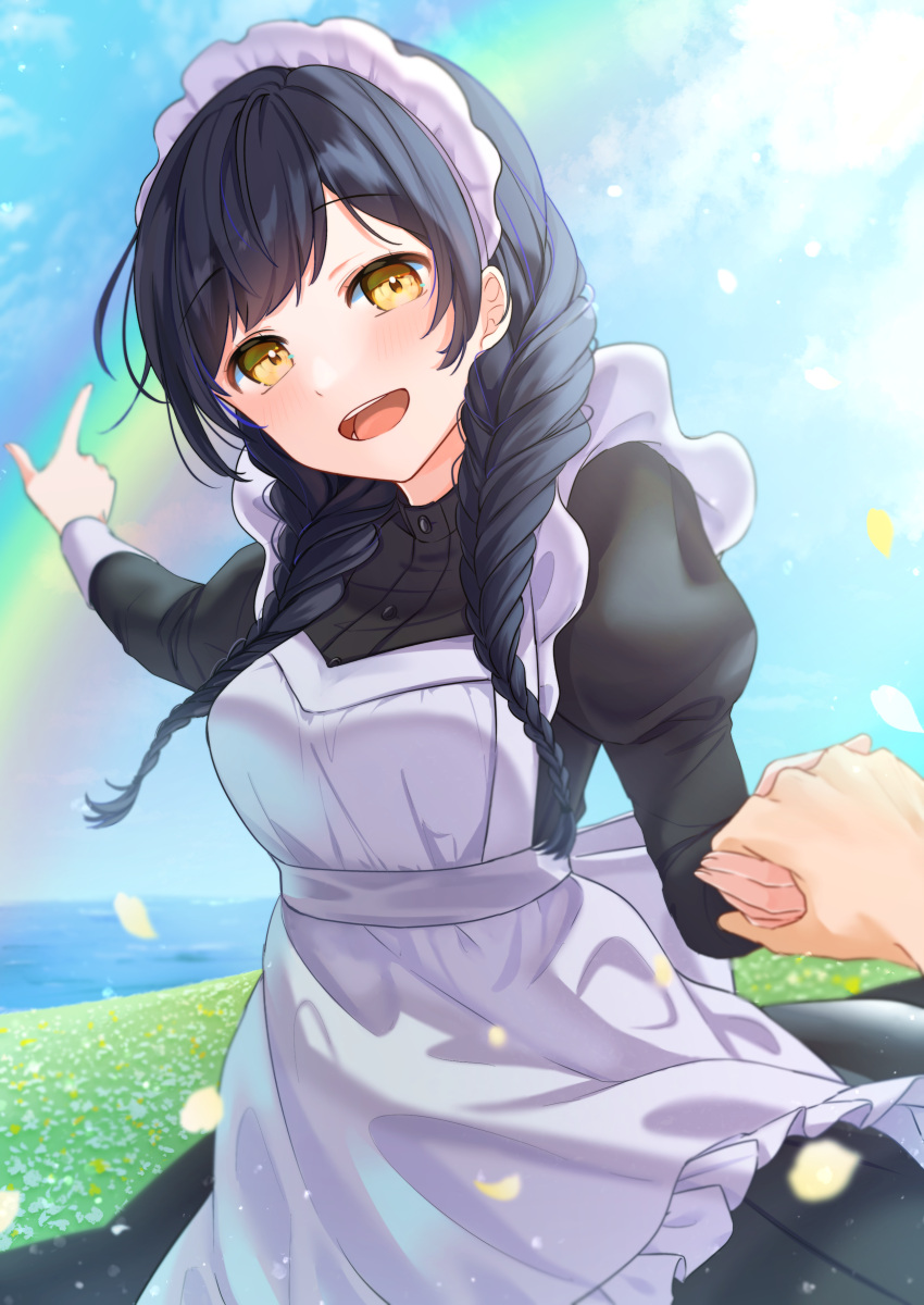 1girl :d absurdres apron bangs black_dress black_hair blue_sky blush braid breasts buntason_(buritarooooo) commentary_request cowboy_shot day dress eyebrows_visible_through_hair foreshortening frilled_apron frills highres holding_hands juliet_sleeves long_hair long_sleeves looking_at_viewer maid_headdress meadow medium_breasts open_mouth original outdoors petals pointing pov puffy_sleeves rainbow sky smile solo_focus twin_braids white_apron yellow_eyes