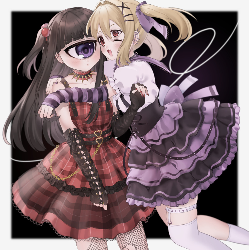 2girls absurdres arm_warmers back_bow bangs belt belt_chain black_hair blonde_hair blunt_bangs blush bow buckle collar collarbone corset cyclops dress ear_piercing earrings elbow_gloves extra_eyes eye_contact fingerless_gloves fishnet_legwear fishnets frills garter_straps gloves hair_bobbles hair_intakes hair_ornament hair_ribbon hairclip heart heart-shaped_buckle highres hug jewelry lace-up_gloves lace_trim layered_dress lolita_fashion long_hair looking_at_another mntimccz monster_girl multiple_belts multiple_earrings multiple_girls nail_art nail_polish one-eyed original piercing plaid plaid_dress puffy_short_sleeves puffy_sleeves red_eyes ribbon sailor_collar short_sleeves skindentation sleeveless sleeveless_dress spiked_collar spikes studded_belt thigh-highs thigh_strap twintails underbust violet_eyes