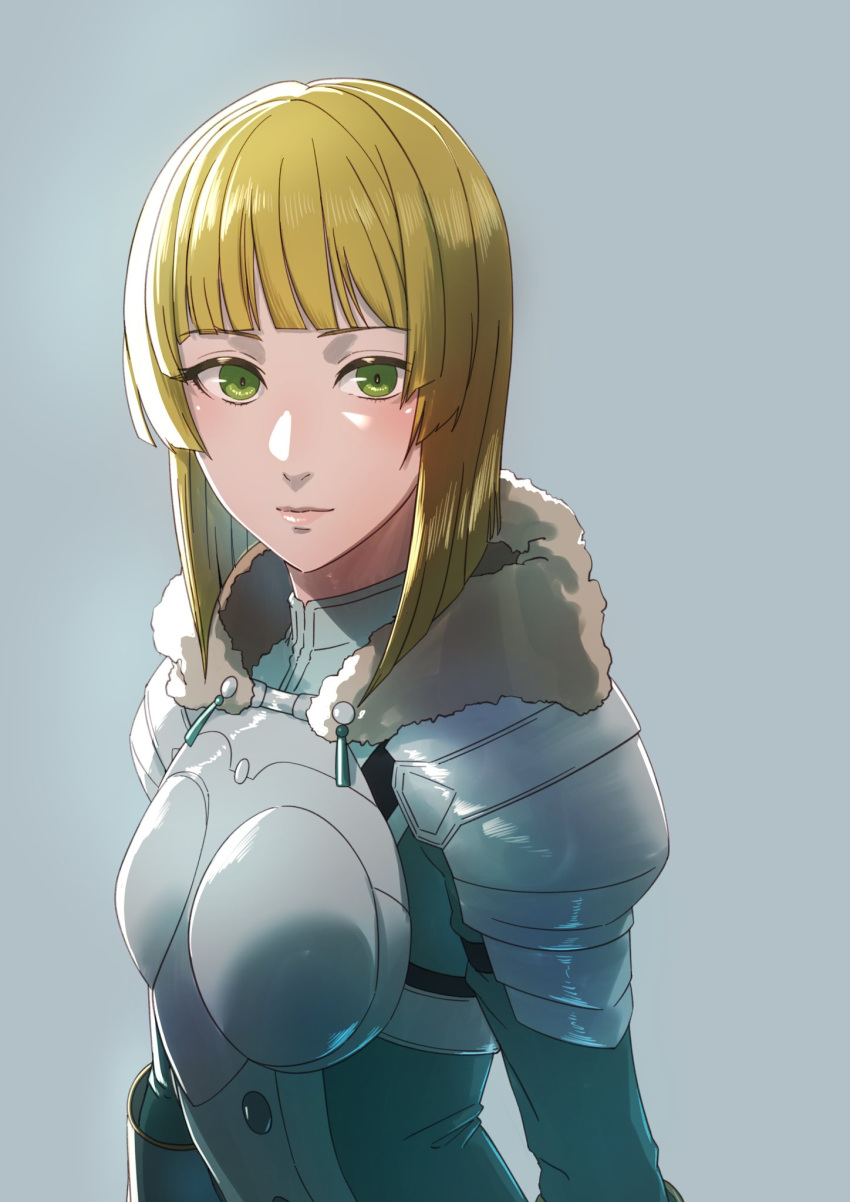 1girl aduti_momoyama alternate_hair_length alternate_hairstyle armor bangs blonde_hair blunt_bangs blunt_ends bob_cut closed_mouth fire_emblem fire_emblem:_three_houses fire_emblem_warriors:_three_hopes fur_trim green_eyes highres ingrid_brandl_galatea long_sleeves official_alternate_costume official_alternate_hair_length official_alternate_hairstyle open_mouth short_hair shoulder_armor solo