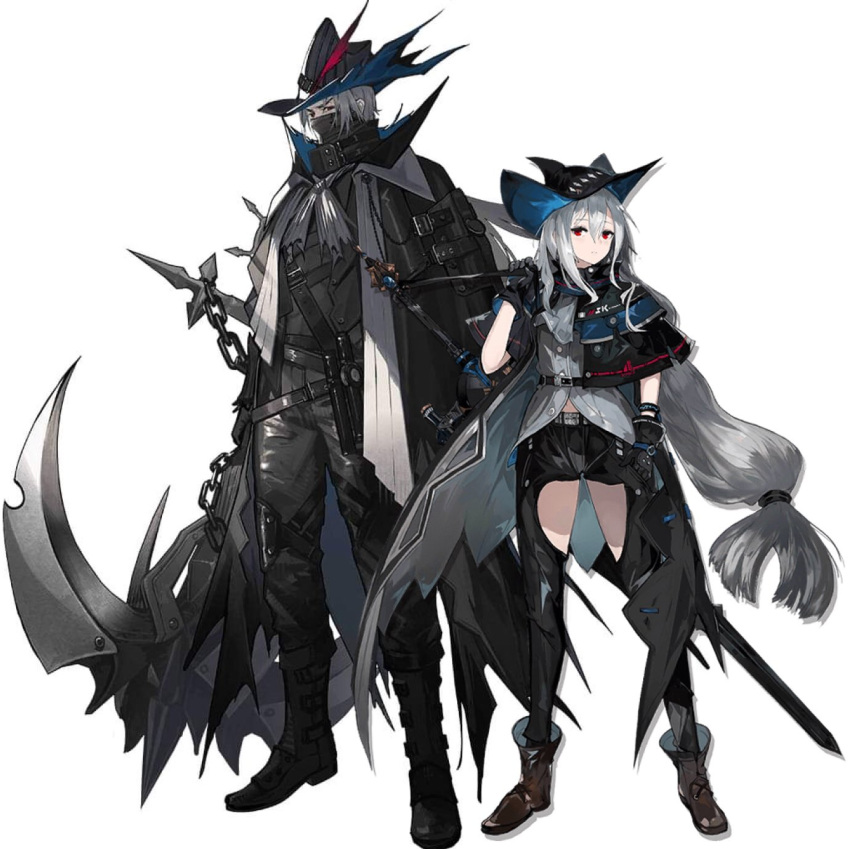 1boy 1girl arknights bangs black_cape black_footwear black_gloves black_headwear black_pants black_shirt boots brown_footwear cape english_commentary eyebrows_visible_through_hair full_body gloves grey_hair hat highres holding holding_polearm holding_weapon long_hair looking_at_viewer mask pants polearm red_eyes shirt skadi_(arknights) standing third-party_edit ulpianus_(arknights) vermilli000n weapon white_background witch_hat