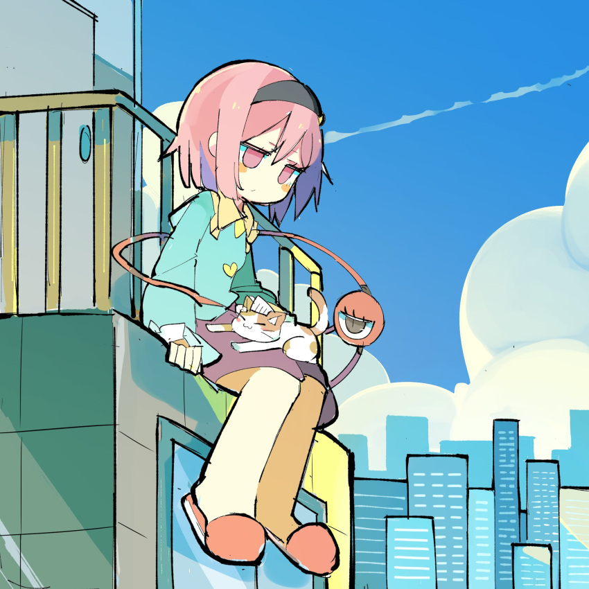 1girl :/ animal_on_lap baron_(x5qgeh) black_eyes black_hairband blouse blue_shirt blush_stickers building buttons cat cat_on_lap cityscape closed_mouth clouds day facing_to_the_side frilled_shirt_collar frilled_sleeves frills from_side full_body hairband heart_button highres komeiji_satori long_sleeves looking_at_animal looking_down on_lap petting pink_eyes pink_footwear pink_hair purple_skirt railing shirt short_hair sitting skirt sky skyscraper slippers solo symbol-only_commentary tabby_cat third_eye touhou window