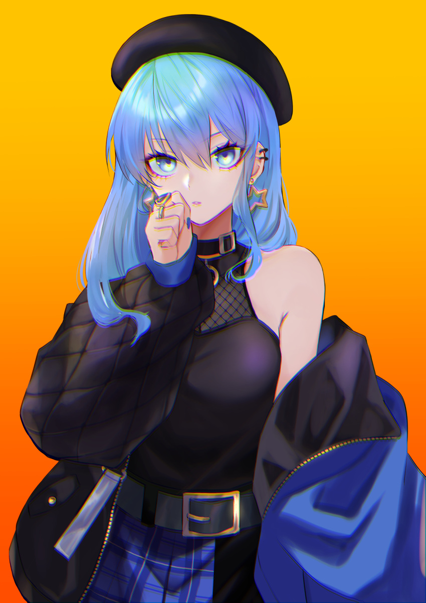 1girl bangs bare_shoulders belt beret black_belt black_collar black_headwear black_jacket black_shirt blue_eyes blue_hair blue_jacket blue_nails blue_skirt collar ear_piercing earrings gradient gradient_background hair_between_eyes hat highres hololive hoshimachi_suisei jacket jewelry long_hair long_sleeves looking_at_viewer multiple_rings nail_polish off_shoulder open_clothes open_jacket parted_lips piercing plaid plaid_skirt puffy_long_sleeves puffy_sleeves ring saco_(cgmore) shirt simple_background skirt sleeveless sleeveless_shirt solo star_(symbol) star_earrings virtual_youtuber