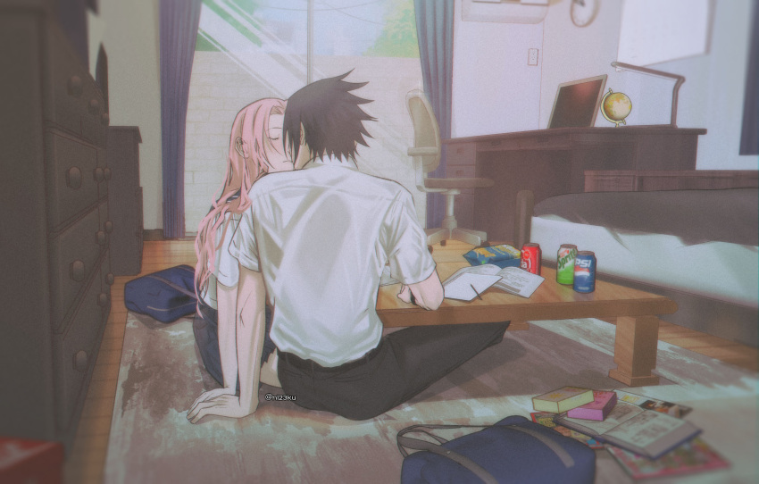 1boy 1girl absurdres bag bedroom black_hair black_pants black_skirt blue_sailor_collar blurry blurry_foreground casual closed_eyes closed_mouth collared_shirt couple hair_intakes hand_on_hand haruno_sakura hetero highres imminent_kiss indoors long_hair miniskirt naruto_(series) niku_(ni23ku) pants pink_hair pleated_skirt sailor_collar sailor_shirt school_bag school_uniform shirt short_hair short_sleeves sitting skirt spiky_hair straight_hair table uchiha_sasuke white_shirt