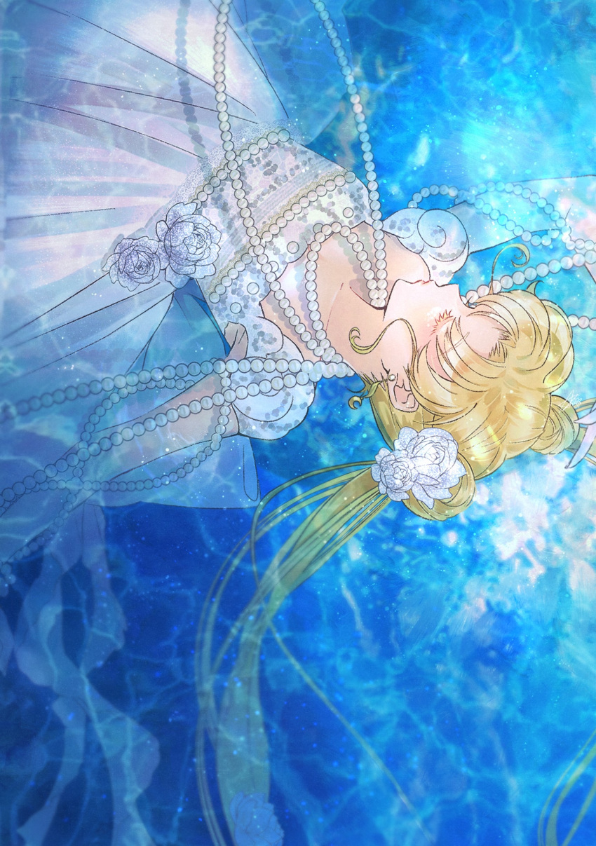 1girl absurdres anxflower bishoujo_senshi_sailor_moon blonde_hair closed_eyes crescent crescent_facial_mark double_bun dress earrings facial_mark flower forehead_mark hair_flower hair_ornament highres jewelry long_hair necklace pearl_necklace princess_serenity short_sleeves solo twintails upper_body white_dress