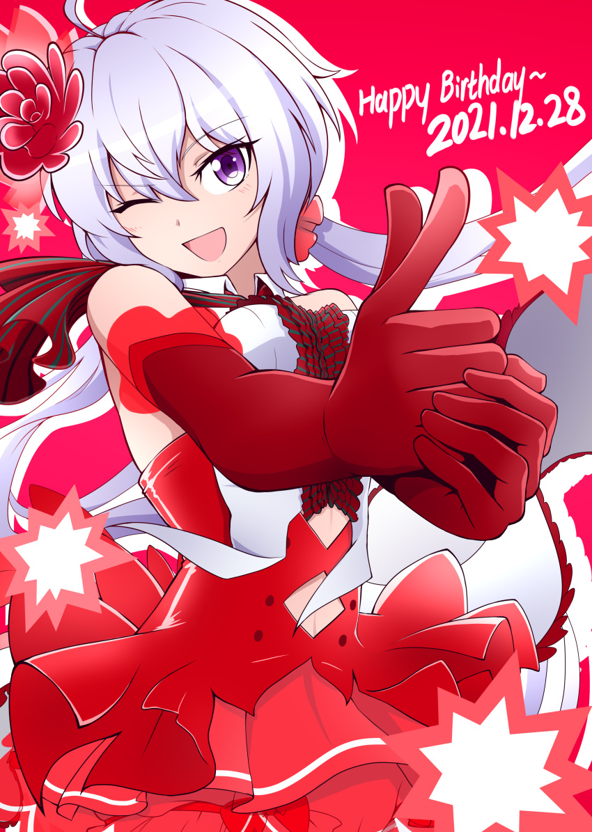 1girl absurdres breasts dated dress elbow_gloves eyebrows_visible_through_hair finger_gun flower galactic_small_yellow gloves grey_hair hair_flower hair_ornament happy_birthday highres looking_at_viewer low_twintails medium_breasts open_mouth red_background red_dress red_gloves senki_zesshou_symphogear smile solo twintails violet_eyes yukine_chris