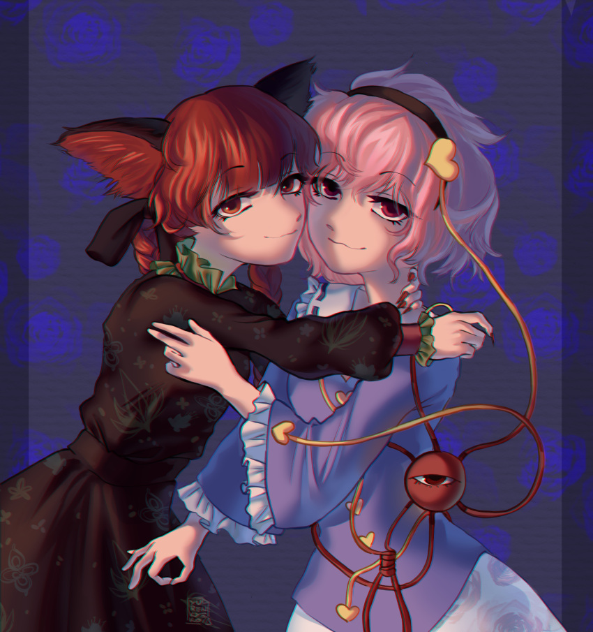 2girls animal_ears braid cat_ears chromatic_aberration floral_background flower half-closed_eyes heart highres hug kaenbyou_rin komeiji_satori light_smile long_sleeves looking_at_viewer multiple_girls ok_sign red_eyes redhead rose short_hair touhou yuuren_kyouko