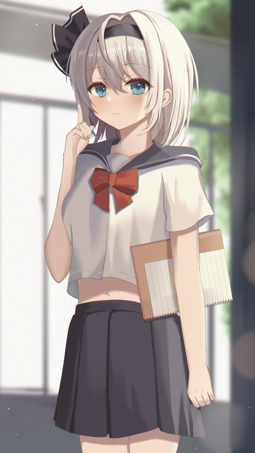 1girl absurdres alternate_costume aohane bangs blue_eyes blurry blurry_background blush bow bowtie breasts closed_mouth commentary_request eyebrows_visible_through_hair eyes_visible_through_hair fingernails grey_hair grey_hairband grey_ribbon grey_shirt grey_skirt hair_between_eyes hairband hand_up highres konpaku_youmu leaf looking_away medium_breasts navel note pointing red_bow red_bowtie ribbon sailor_collar school_uniform serafuku shirt short_hair short_sleeves skirt sky solo standing touhou tree wall white_sky window