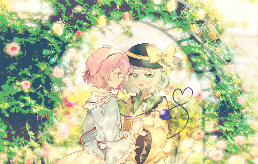 2girls :d arch black_hairband black_headwear blouse blue_shirt blush bow buttons diamond_button floral_arch flower frilled_shirt_collar frilled_sleeves frills green_eyes green_hair green_skirt hairband hat hat_bow heart heart_of_string highres holding_hands isikishoku komeiji_koishi komeiji_satori leaf long_sleeves looking_at_another multiple_girls open_mouth parted_lips pink_eyes pink_flower pink_hair pink_rose pink_skirt ribbon_trim rose shirt short_hair siblings sisters skirt smile symbol-only_commentary third_eye touhou upper_body yellow_bow yellow_flower yellow_rose yellow_shirt