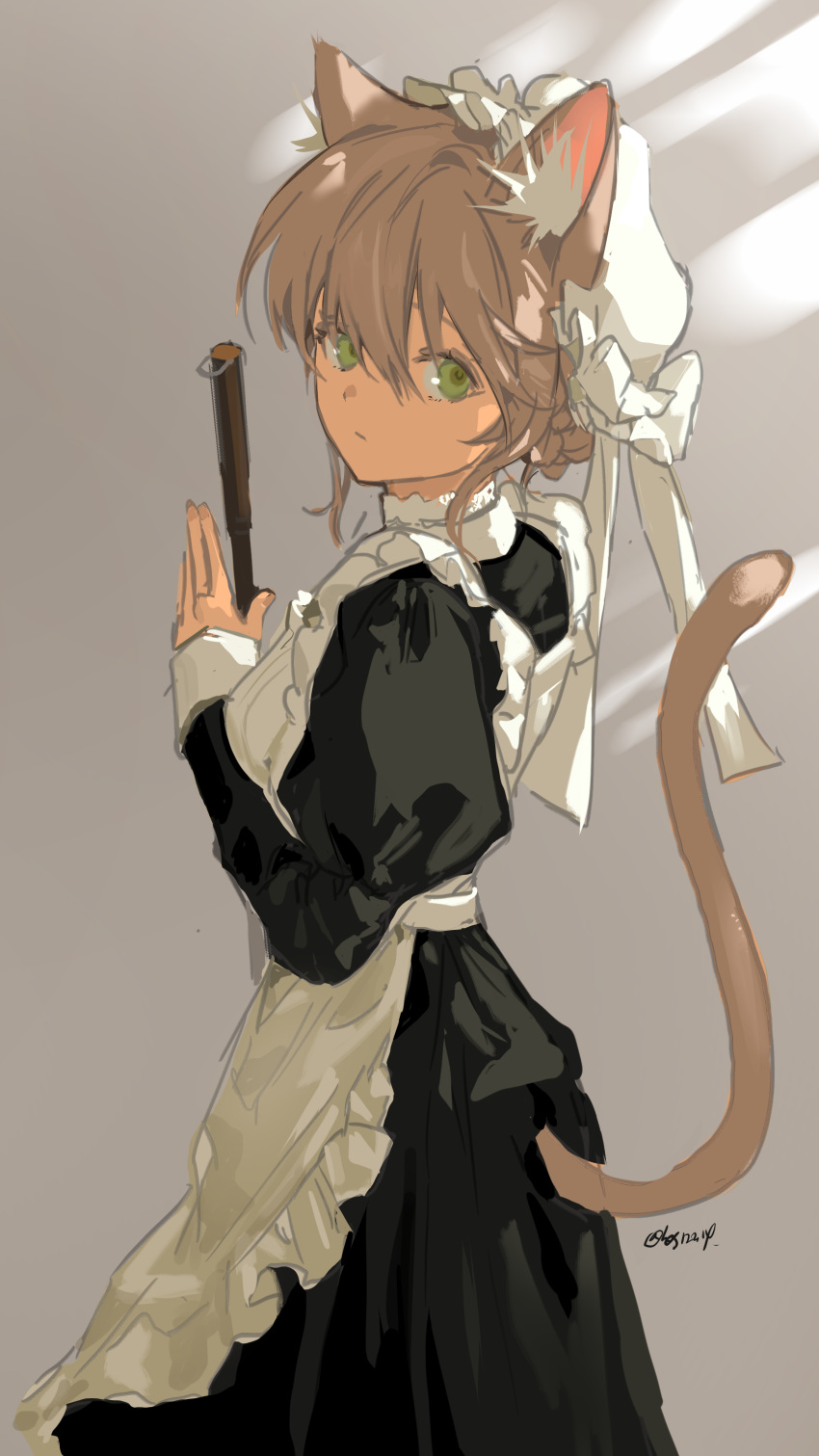 1girl absurdres animal_ears apron bangs black_dress braid brown_hair cat_ears cat_girl cat_tail closed_mouth commentary_request dress eyebrows_behind_hair frilled_apron frills from_side green_eyes hair_between_eyes hat highres juliet_sleeves long_sleeves looking_at_viewer looking_to_the_side maid maid_day mob_cap original puffy_sleeves sleeves_past_wrists solo tail tail_raised twice12314 twitter_username white_apron white_headwear