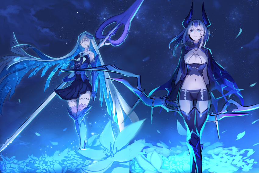 2girls aslaug_(fate) black_shirt black_shorts black_skirt blue_eyes blue_flower blue_hair boots bow_(weapon) brynhildr_(fate) brynhildr_romantia closed_mouth clouds commentary_request fate/grand_order fate/prototype fate/prototype:_fragments_of_blue_and_silver fate:lost_einherjar fate_(series) flower green_neckerchief hair_ornament headpiece highres holding holding_bow_(weapon) holding_polearm holding_weapon horns kashia long_hair midriff mother_and_daughter multiple_girls navel neckerchief night night_sky one_eye_closed outdoors petals polearm sailor_collar sailor_shirt shirt short_shorts shorts signature skirt sky smile spear thigh-highs very_long_hair violet_eyes weapon white_hair white_sailor_collar