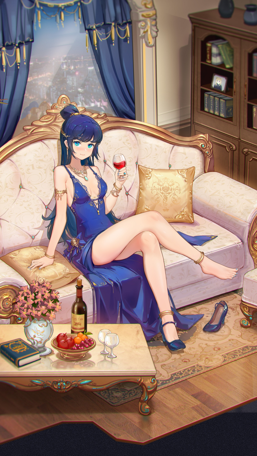 1girl absurdres anklet apple aqua_eyes arm_support armlet bangs blue_curtain blue_dress blue_footwear blue_hair book bottle breasts cabinet closed_mouth cork corked_bottle couch crossed_legs cup cushion dress drinking_glass flower food fruit glass grapes hand_up high_heels highres holding holding_cup indoors jewelry light_blush long_dress long_hair looking_at_viewer medium_breasts meinoss on_couch orange_(fruit) original picture_frame pillow red_wine shoe_removed shoes single_shoe sitting sleeveless sleeveless_dress solo strappy_heels v-neck vase wine_bottle wine_glass wooden_floor wooden_table