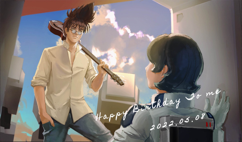 2boys blue_hair brown_hair clouds collared_shirt dated denim english_commentary gundam hair_behind_ear hand_in_pocket happy_birthday highres holding holding_instrument instrument jeans kamille_bidan macross macross_7 male_focus multiple_boys nekki_basara nekkikamille pants pilot_suit round_eyewear shirt sky waving white_shirt yellow_eyes zeta_gundam