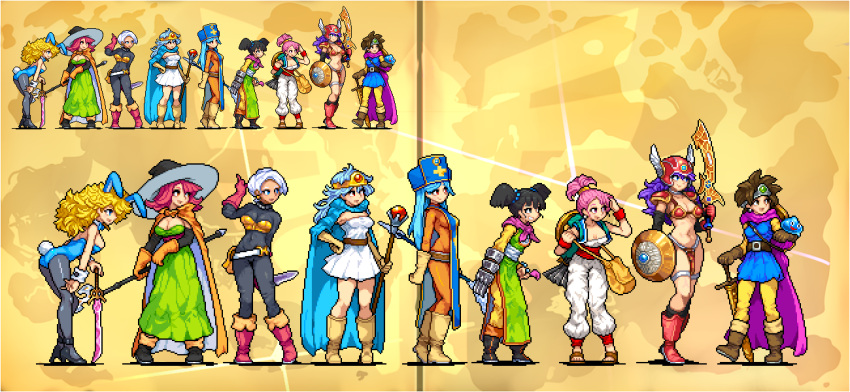 animal_ears aqua_hair armor bikini_armor black_hair blonde_hair blue_eyes blue_hair bodysuit boots breasts brown_hair cape circlet closed_mouth cross dark-skinned_female dark_skin dragon_quest dragon_quest_iii dress earrings elbow_gloves fake_animal_ears fighter_(dq3) gloves hat helmet jester_(dq3) jewelry long_hair mage_(dq3) medium_breasts merchant_(dq3) mitre multiple_girls navel necklace orange_bodysuit pantyhose pixel_art priest_(dq3) purple_hair rabbit_ears red_armor roto sage_(dq3) shield shirosu short_hair skin_tight smile soldier_(dq3) staff sword tabard thief_(dq3) weapon white_hair winged_helmet